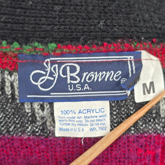 Vintage J.J. Browne Open Front Cardigan Sz M Black Red Green Geo 80's - Picture 4 of 5